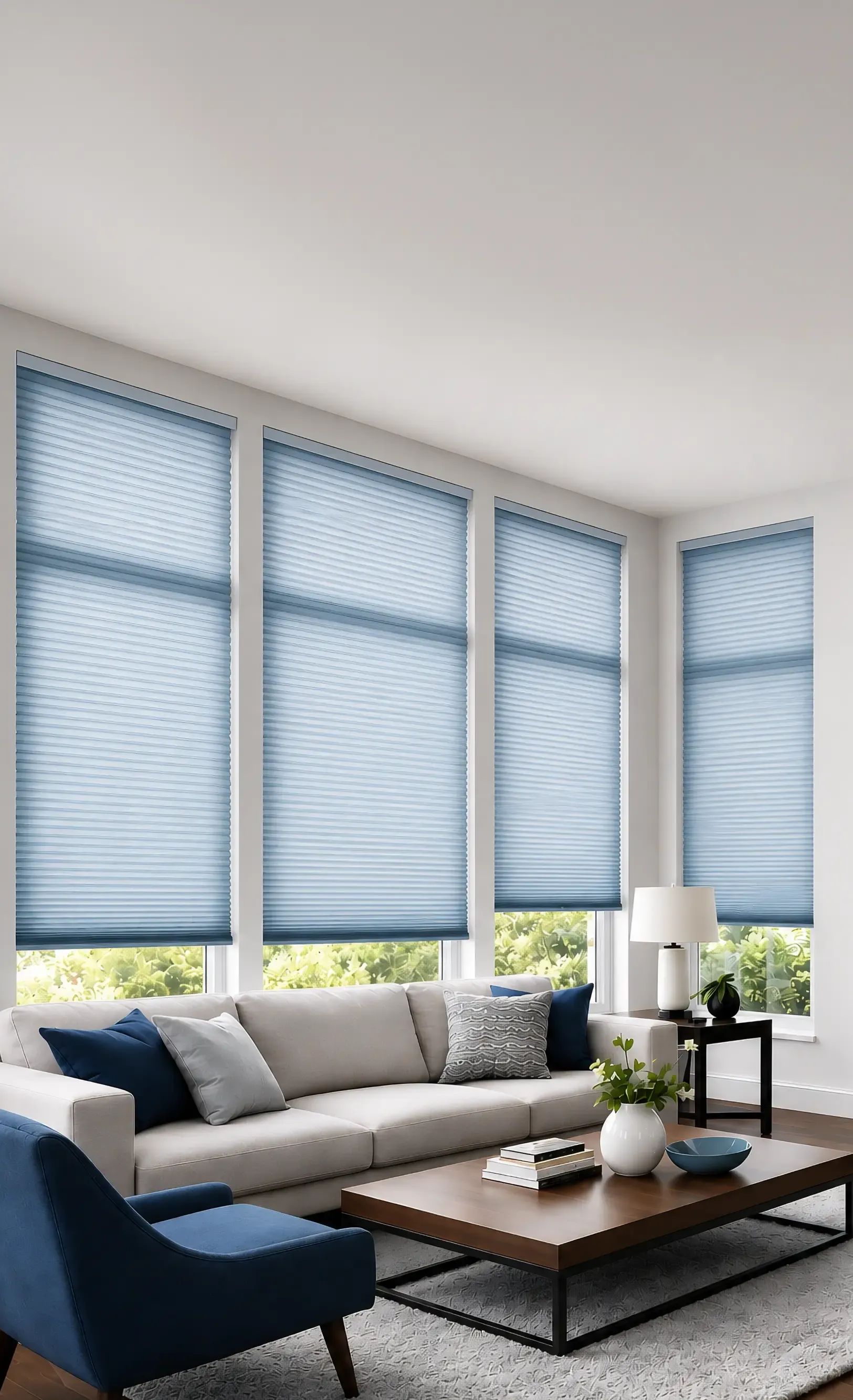 Custom window shades in a living room